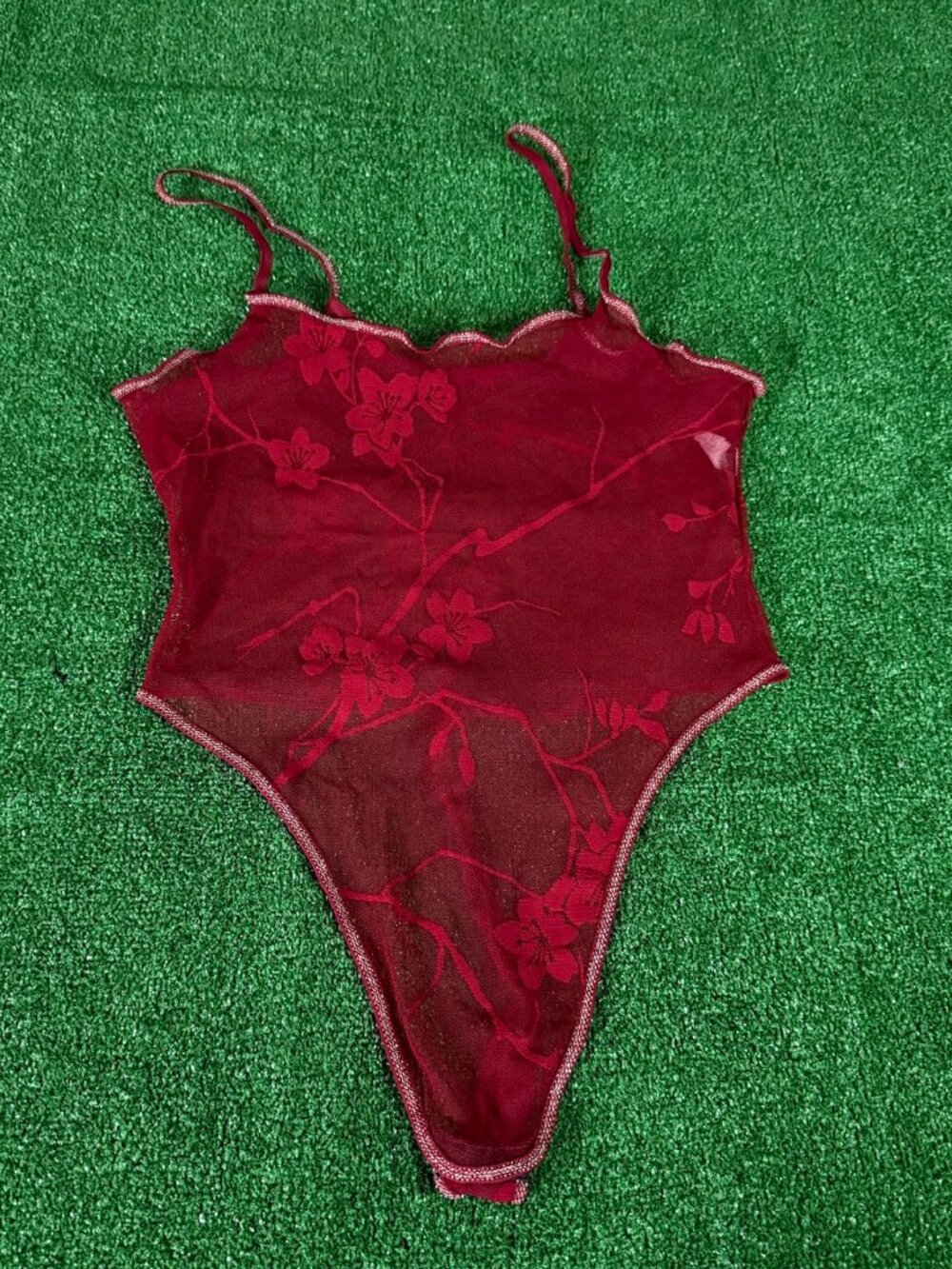 Vintage Cabernet Red Mesh Floral Embroidered Bodysuit High Cut Teddy Lingerie L